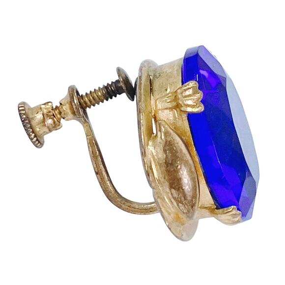 VTG 40s 50s Mid Century Gold Tone Screw Back Earrings Cobalt Blue Glass - Picture 8 of 16